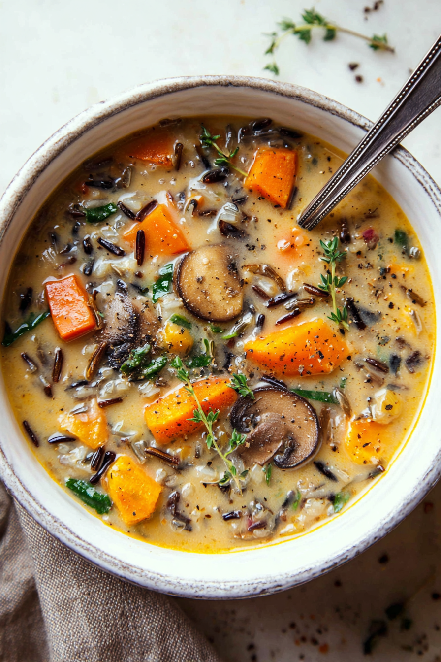 Bowl of wild rice soup with kale and sweet potato