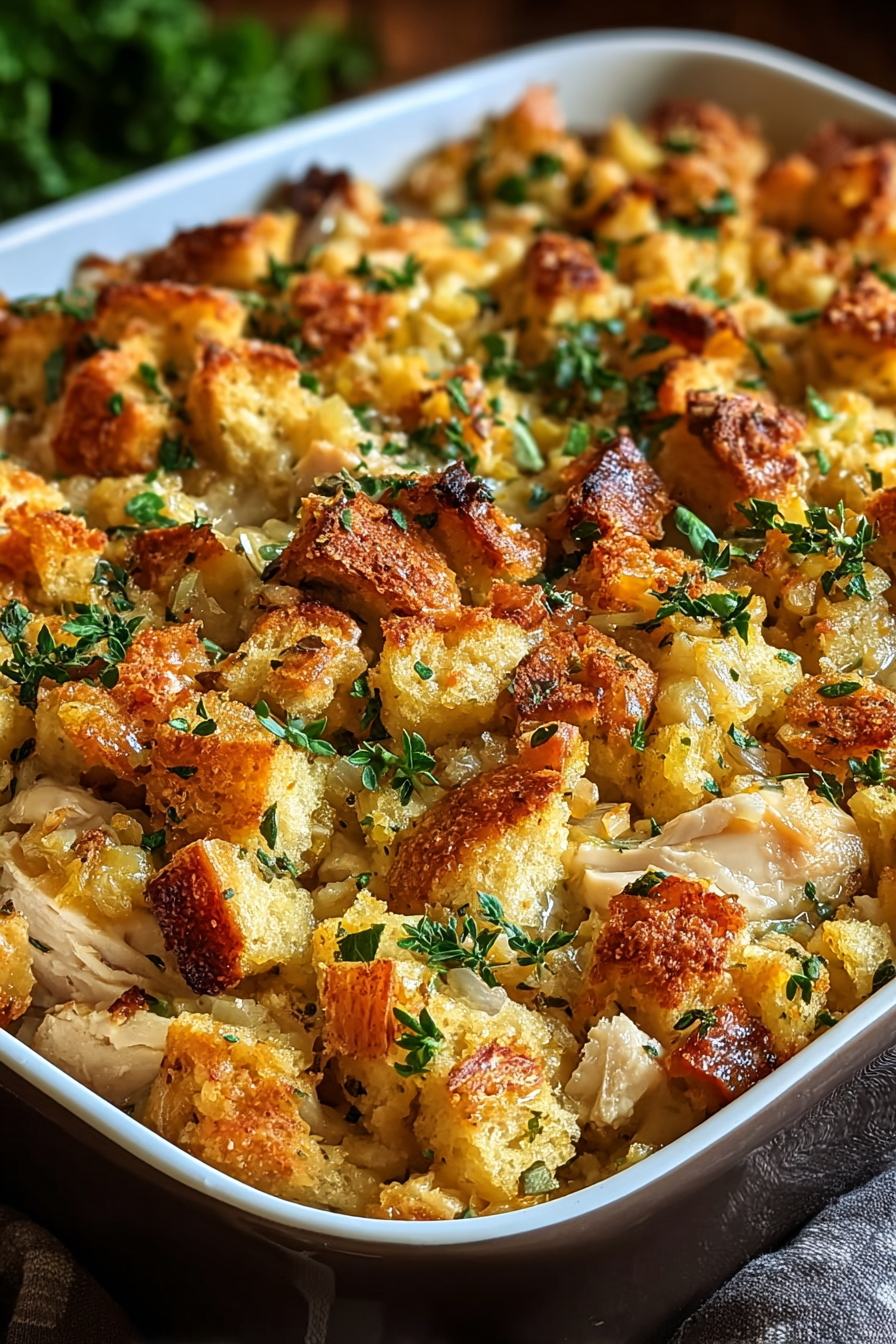 Dolly's Chicken and Stuffing Casserole in a baking dish