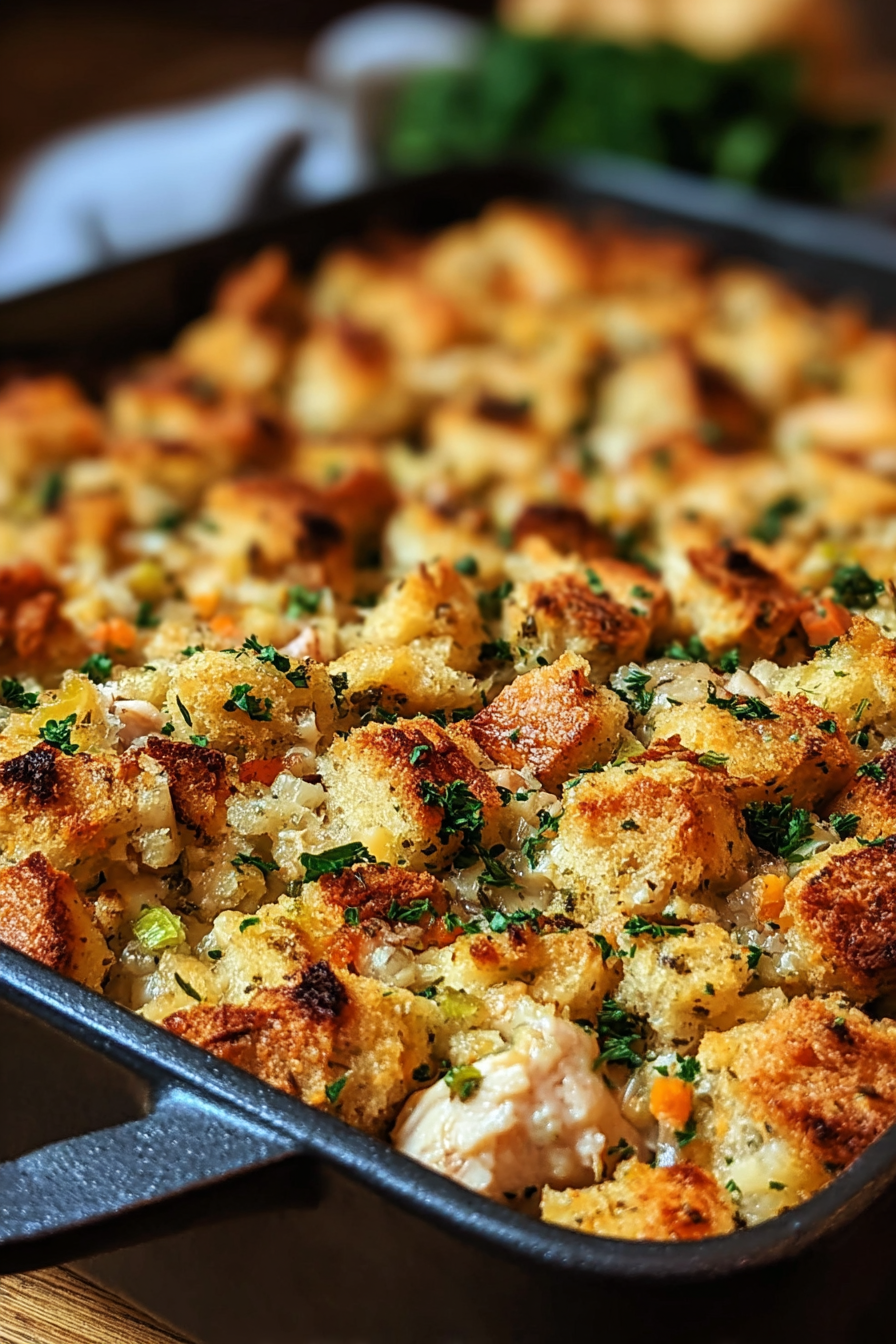 Portion of chicken and stuffing casserole plated