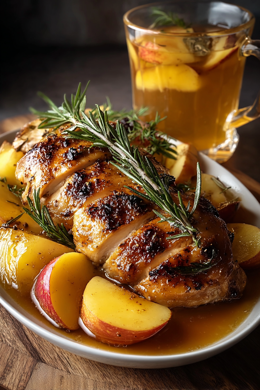 Baked apple cider chicken in a baking dish