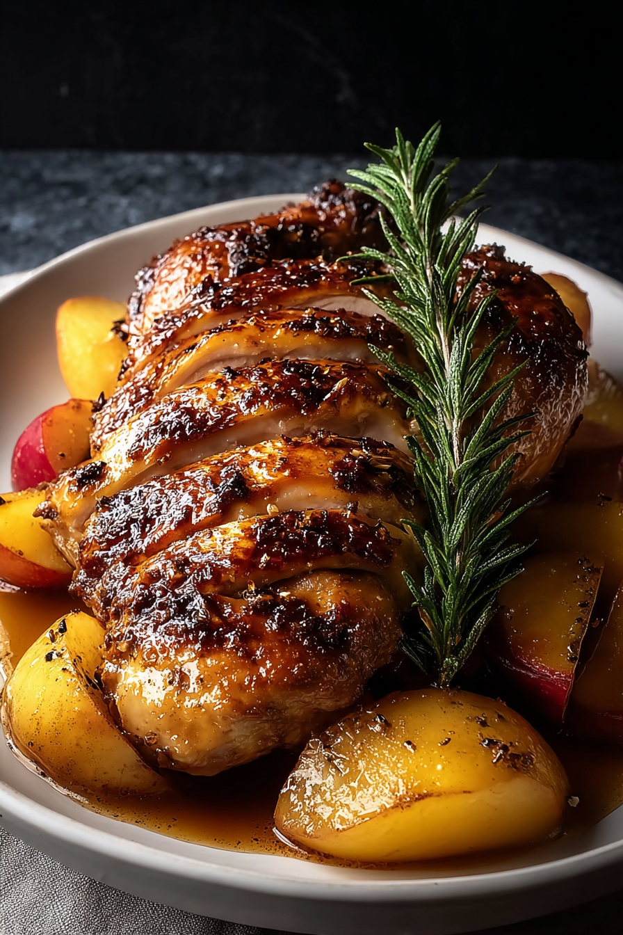 Close-up of glazed chicken with herbs