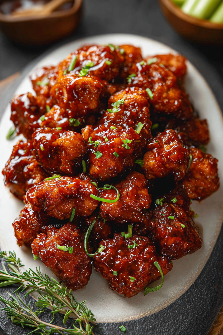 Baked honey BBQ chicken bites on a tray