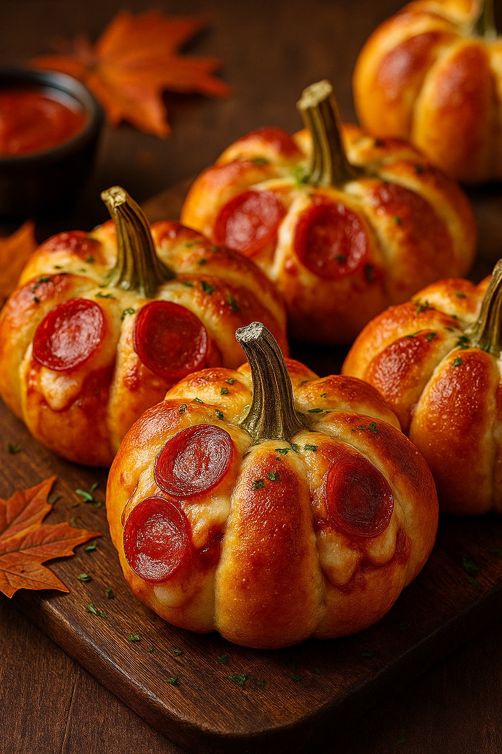 Close-up of baked pepperoni pizza pumpkins on a baking sheet