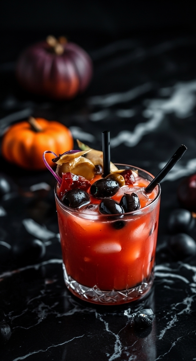 Spooky Bloody Mary in tall glass with celery garnish