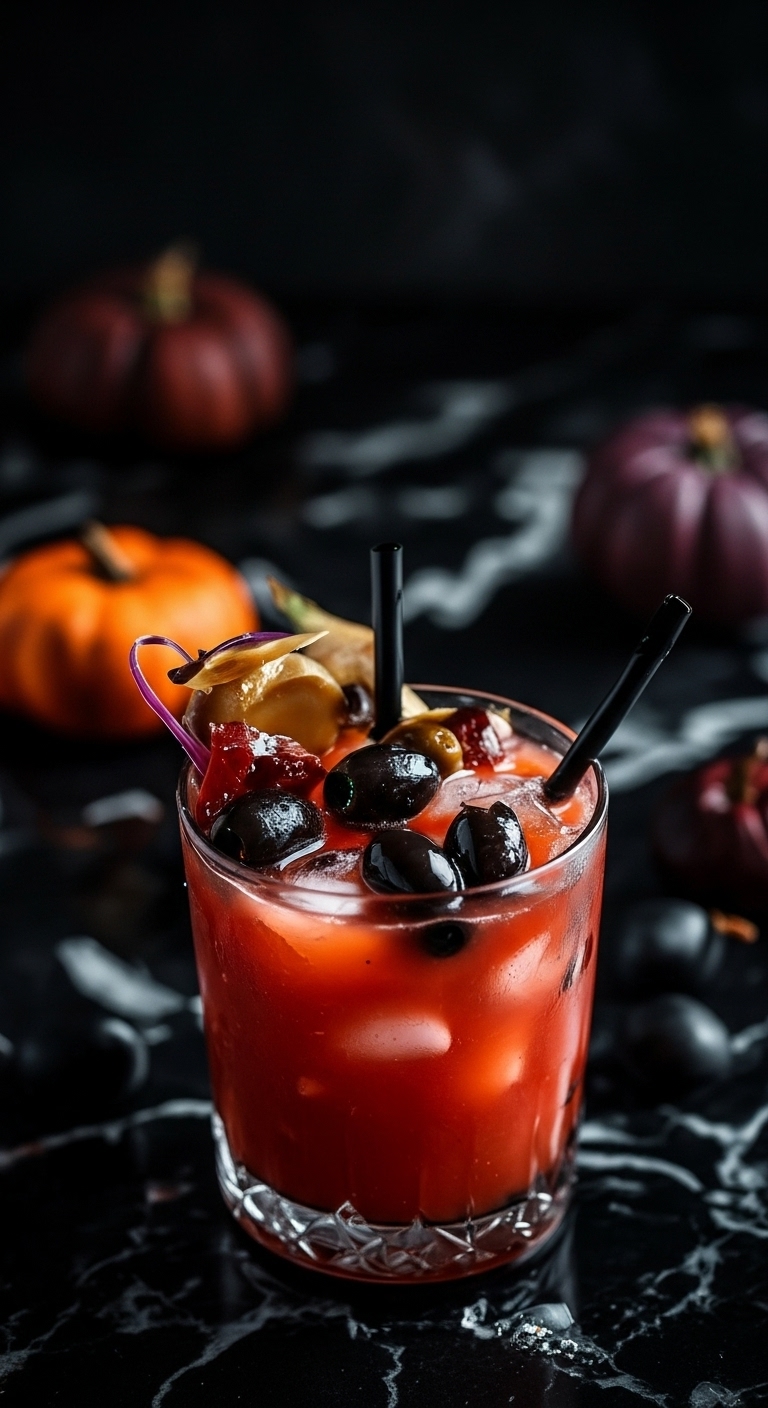 Garnishes for Bloody Mary including olives and pickled onions