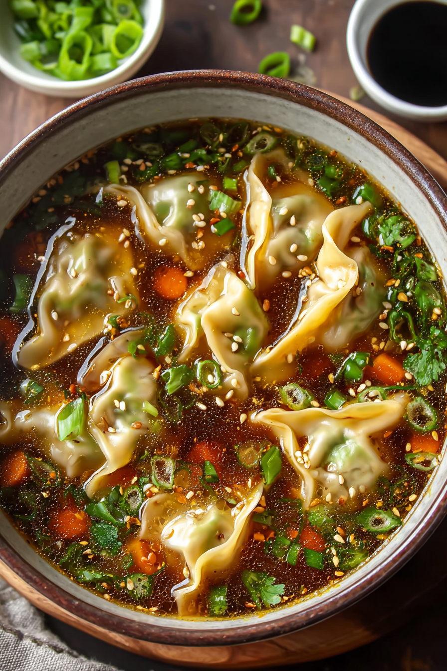 Potsticker soup ready to serve in bowls