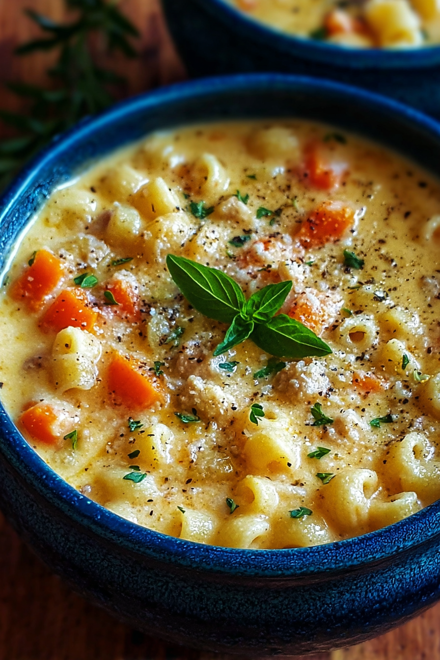 Bowl of creamy ditalini soup with parsley garnish
