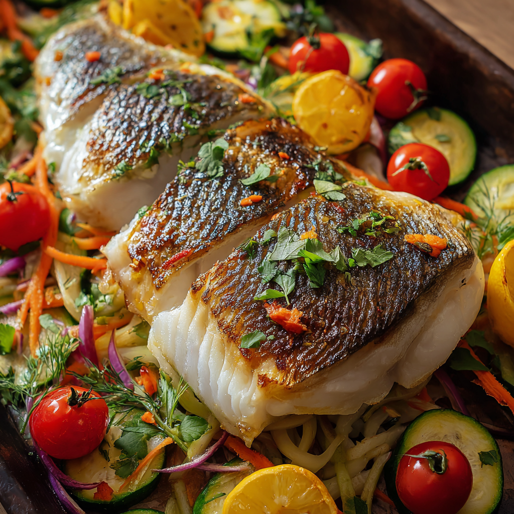 Poisson grillé et légumes frais avec vermicelles de riz