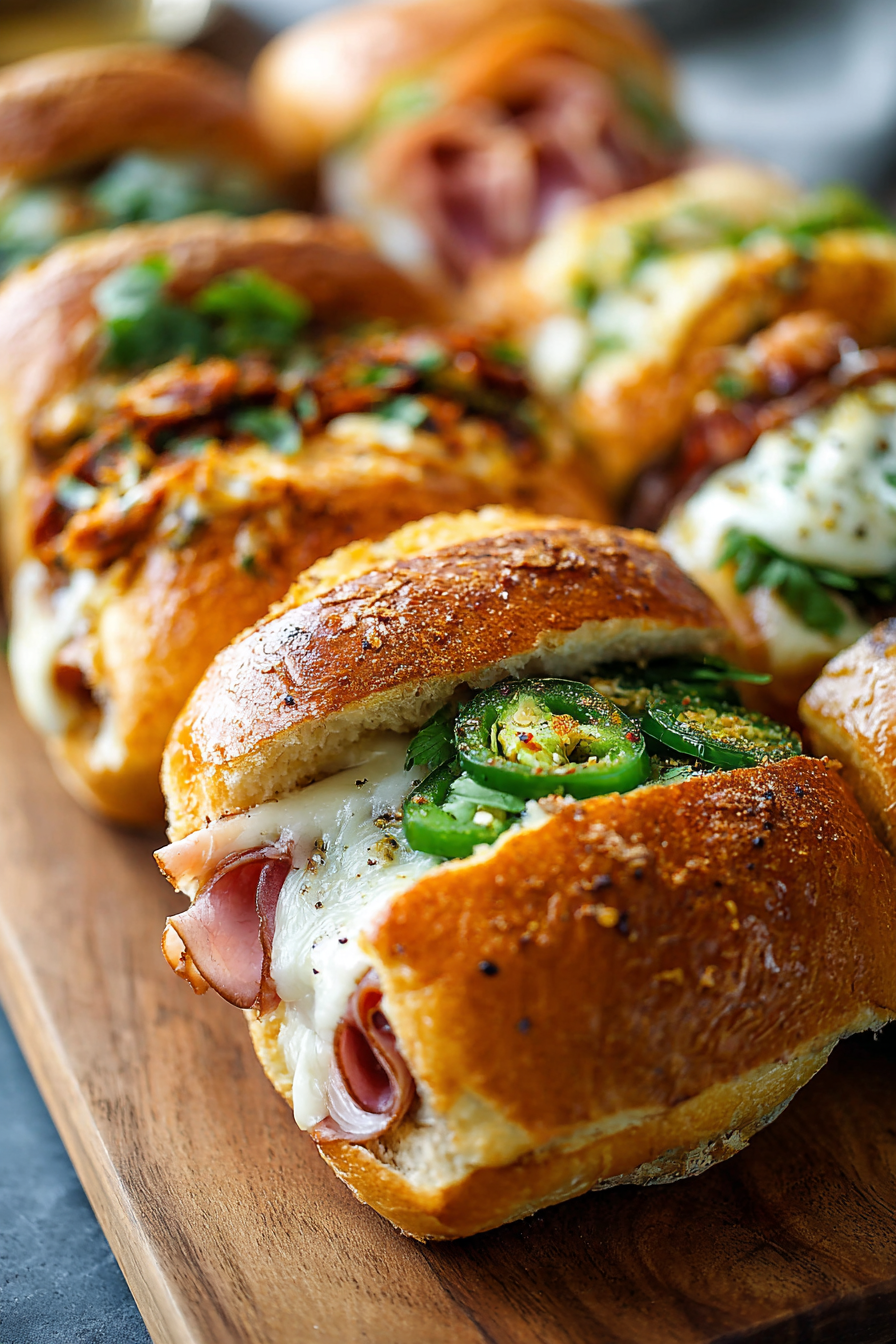 Hot roll sandwiches on a baking sheet