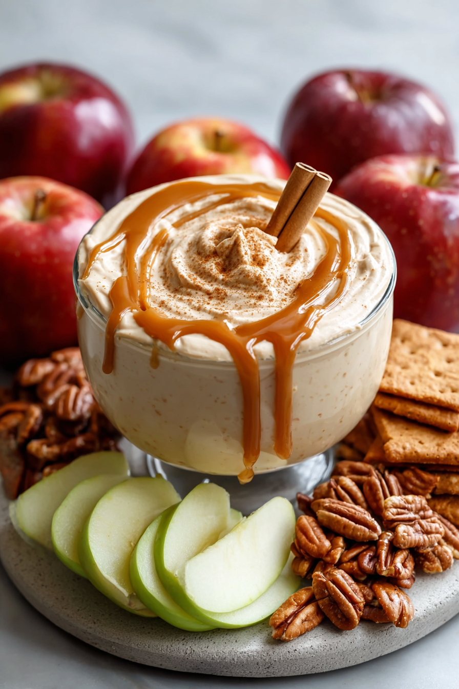 Caramel Apple Dip in serving bowl with apple slices