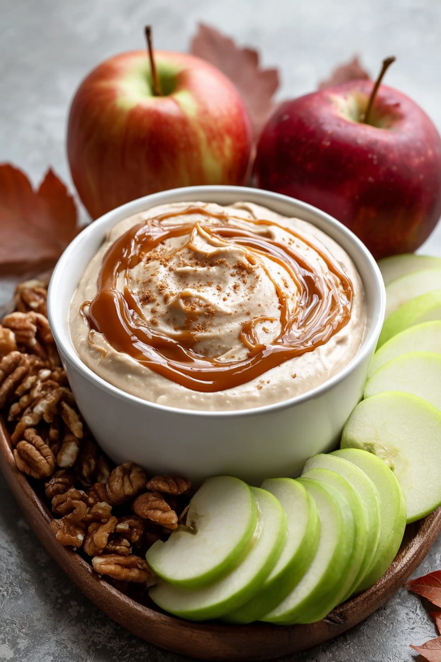 Apple slices with dip and caramel drizzle