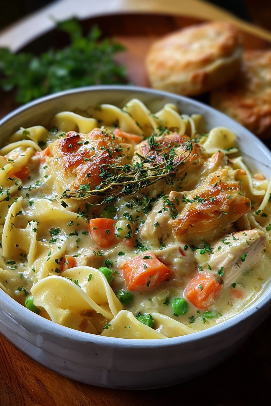 Classic Chicken Pot Pie Pasta in a bowl
