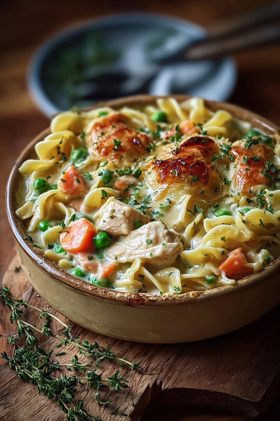 Close-up of creamy penne with vegetables