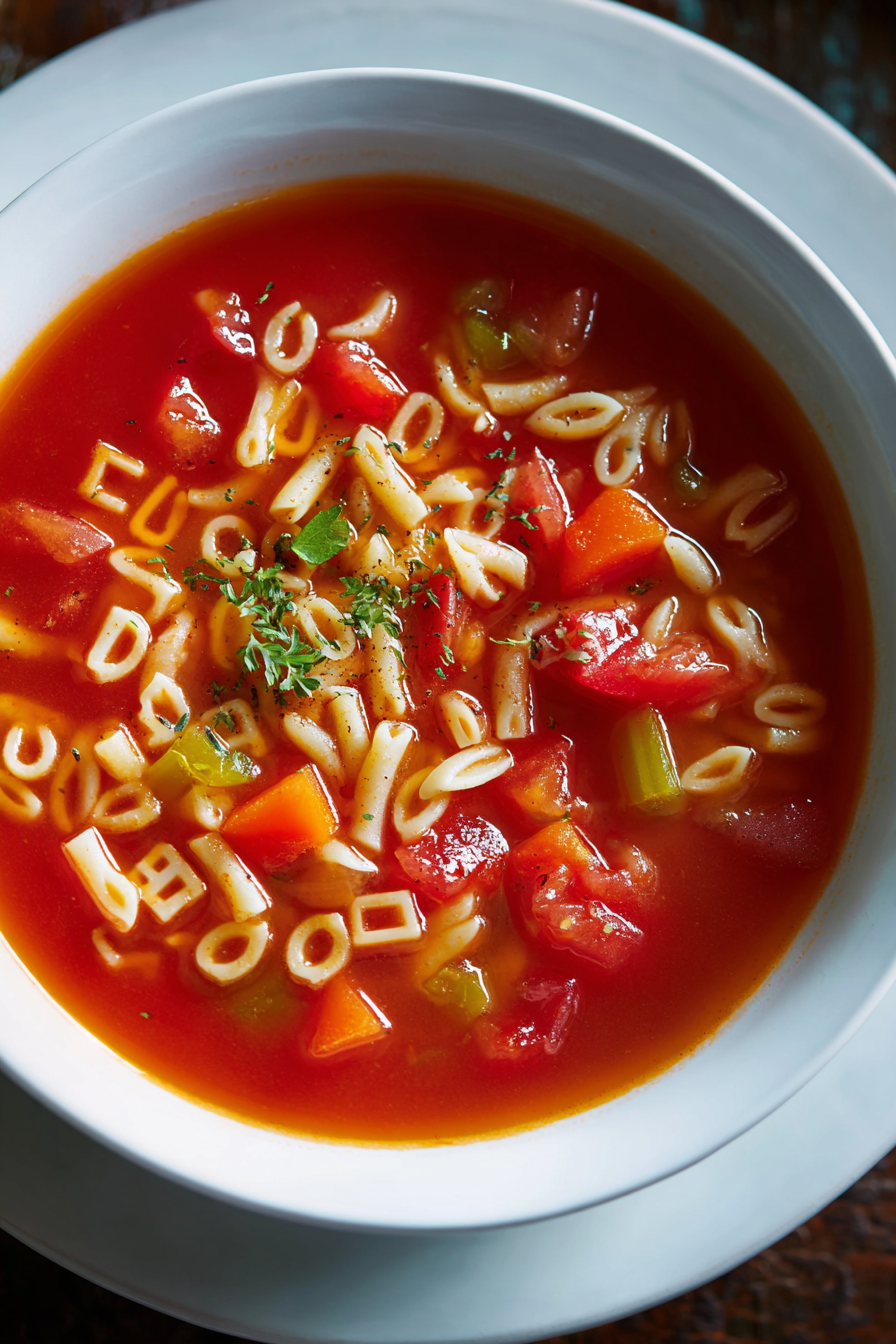 Bols de soupe alphabet aux tomates et pâtes