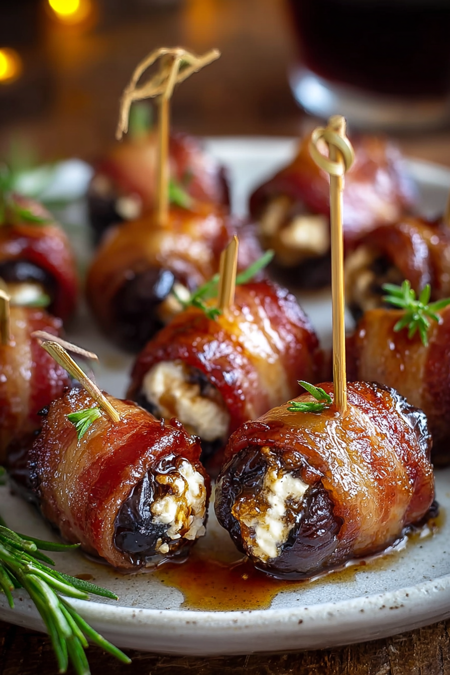 Bacon-wrapped dates on a baking sheet