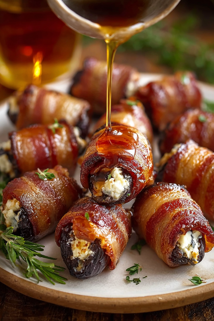 Plated bacon-wrapped dates garnished with chives