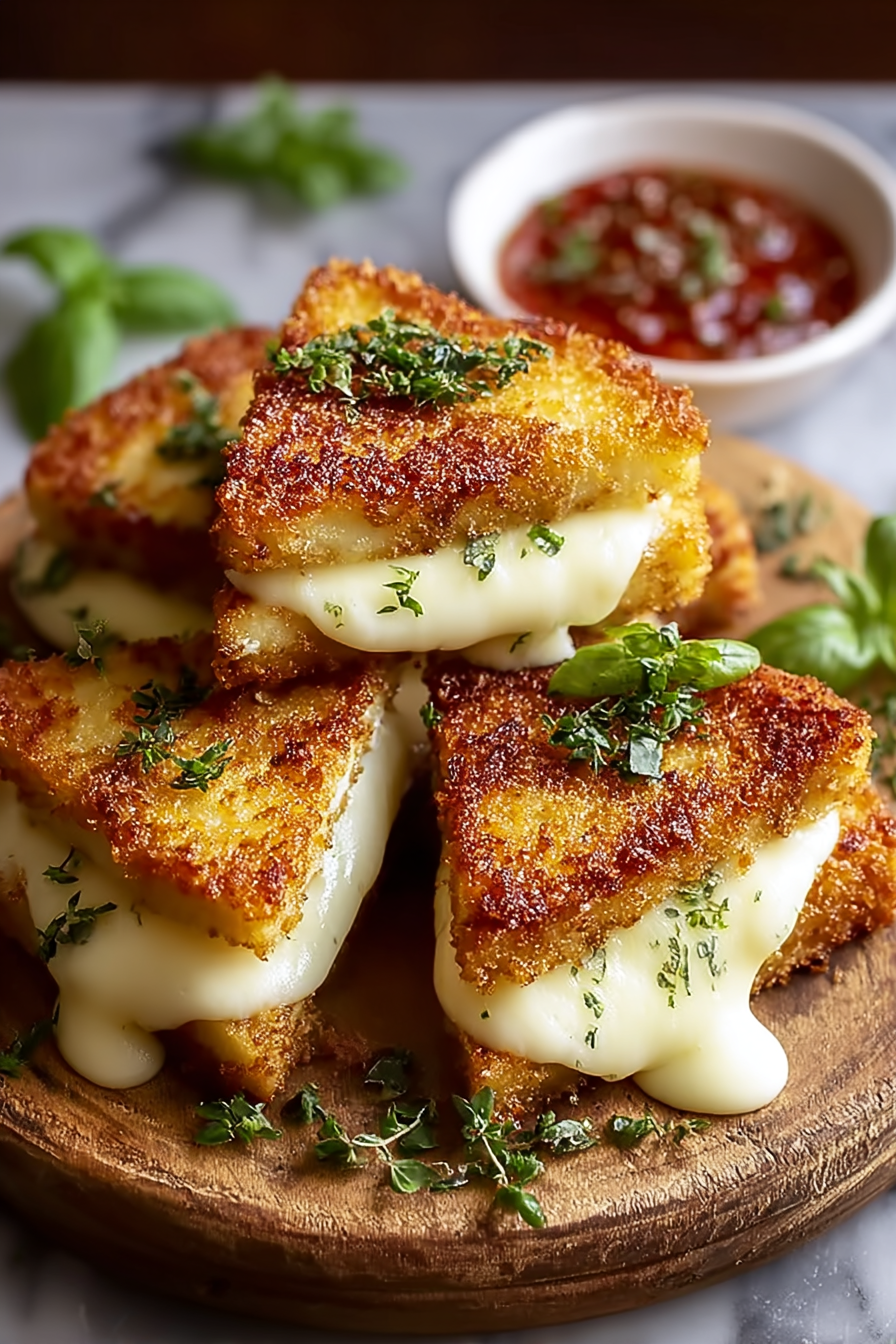 Golden mozzarella en carrozza frying in a pan
