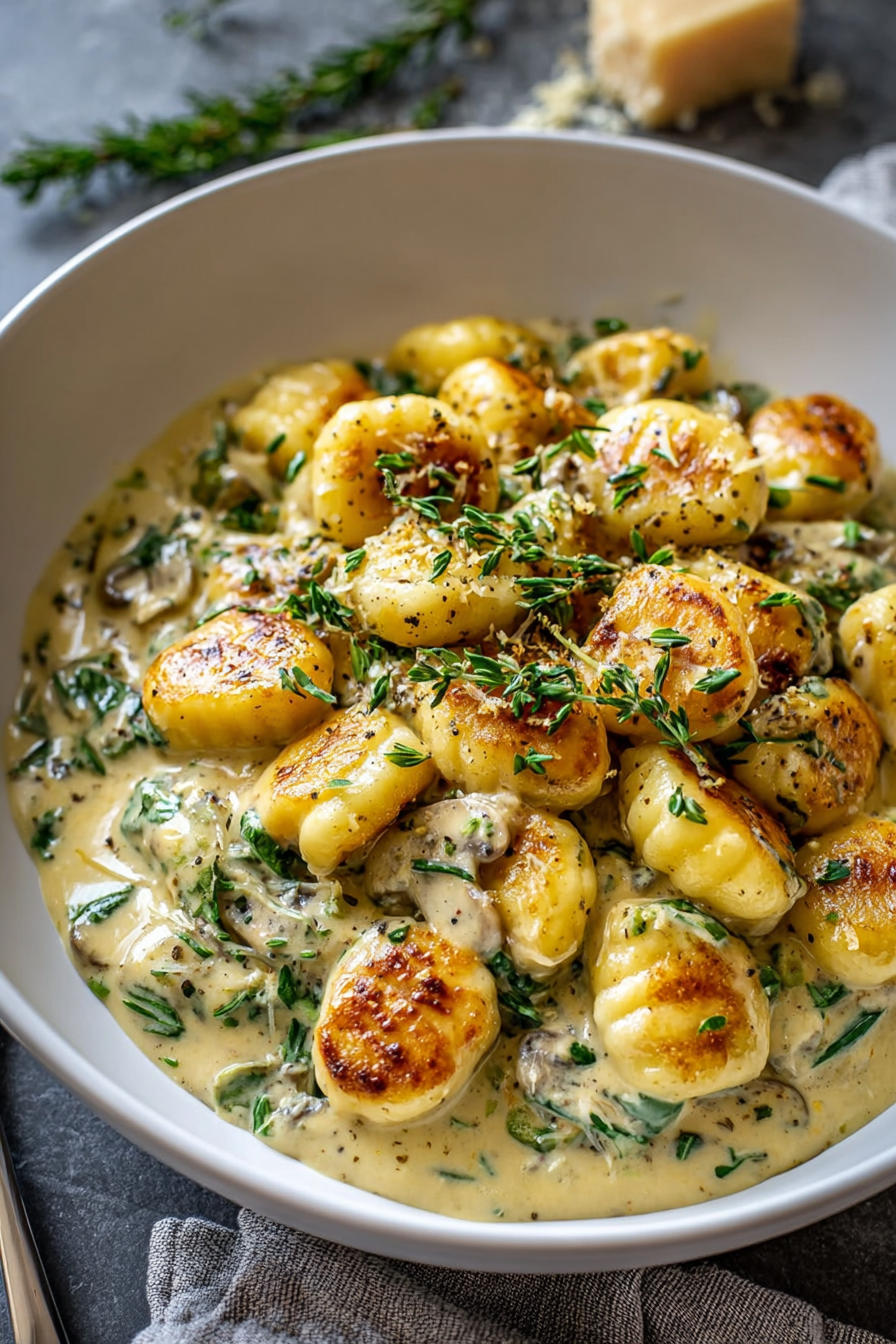 Pan-seared gnocchi in creamy sauce