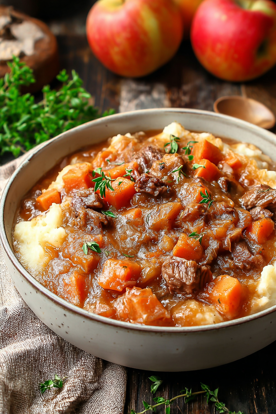 serving apple cider beef over mashed potatoes