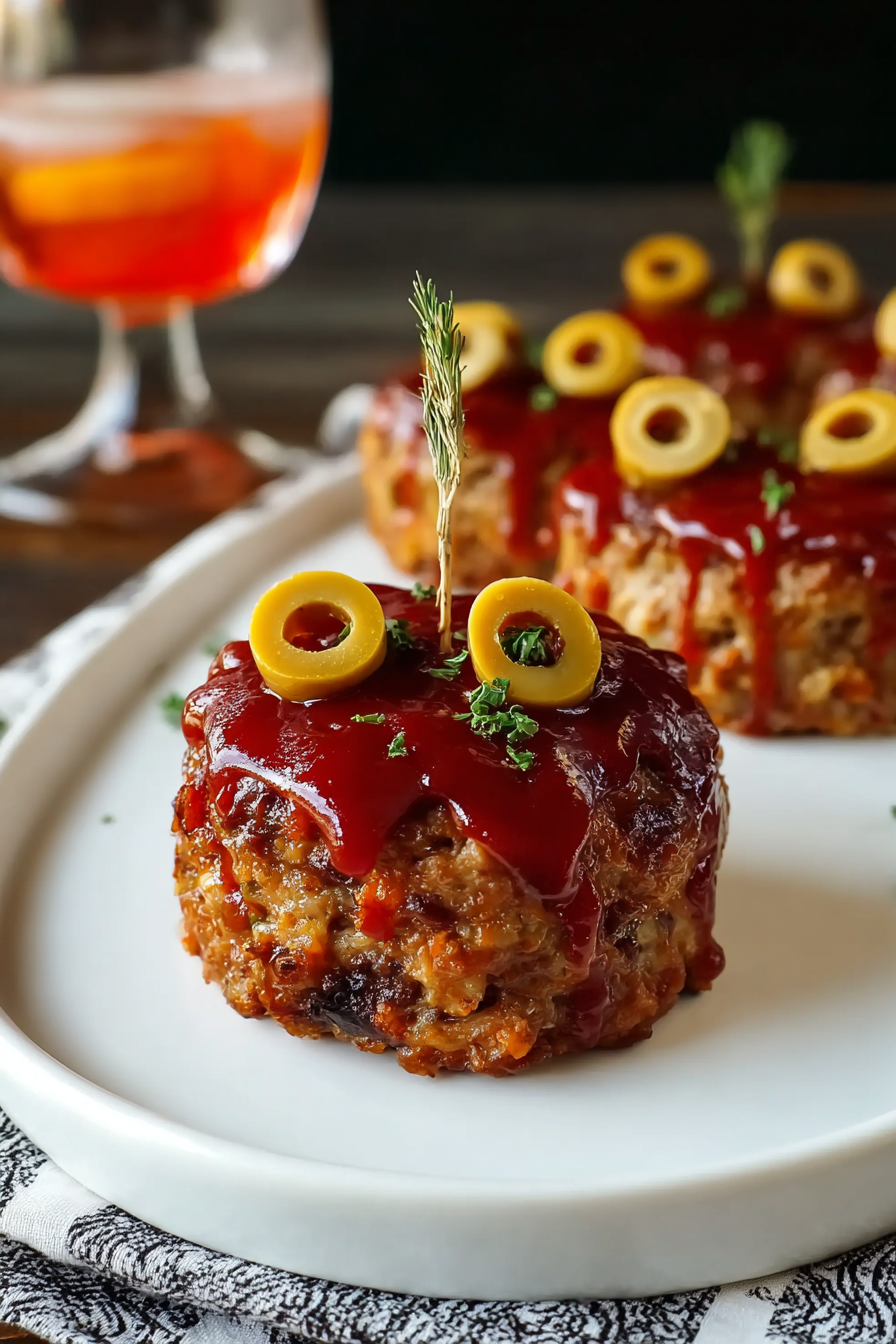 Mini Monster Meatloaf fresh from oven with olive eyes