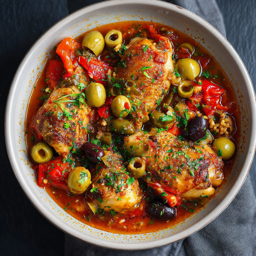 Poulet, olives et poivrons