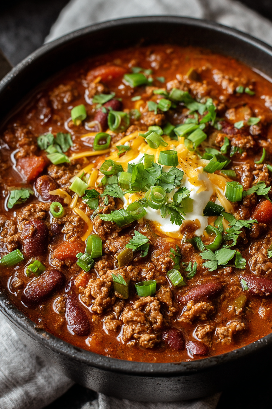 A rich pot of ground beef stovetop chili ready to serve