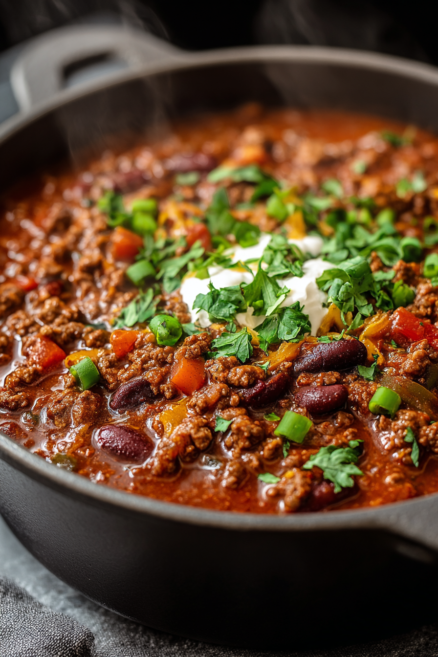 Two bowls of chili garnished with cheese and herbs