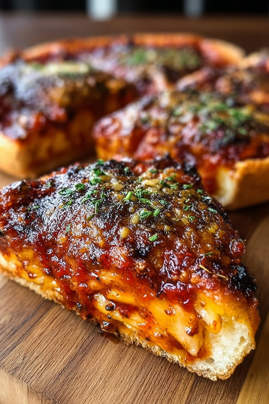 Chicago deep dish pizza in pan showing tall slices