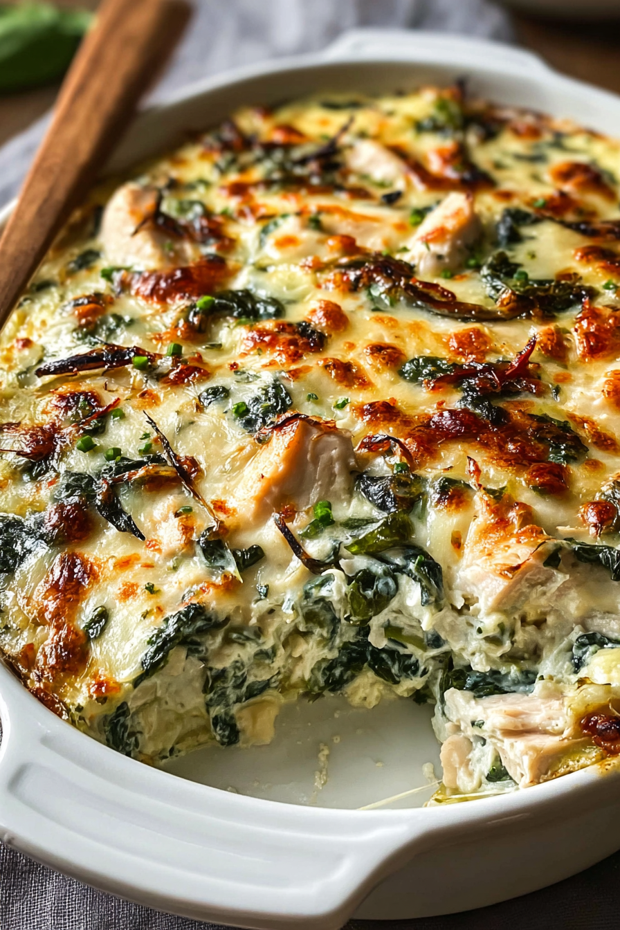 Chicken and spinach casserole before baking