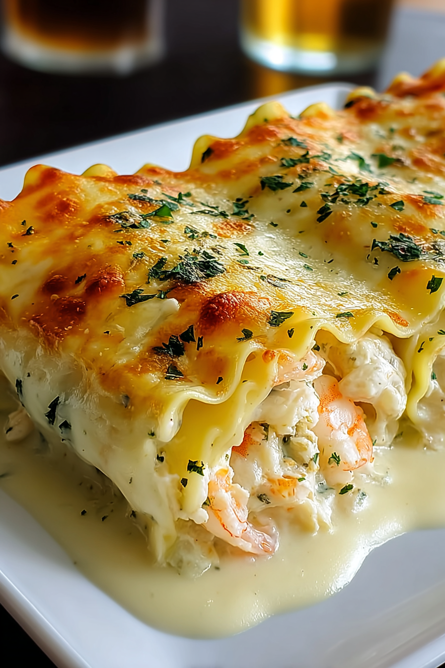 Tray of shrimp and crab Alfredo lasagna roll-ups fresh from the oven