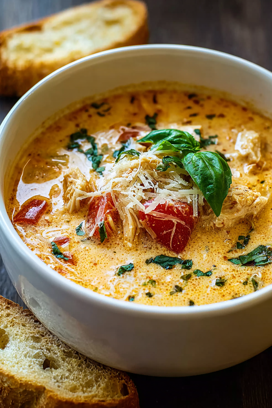 Creamy chicken Parmesan in a bowl with parsley garnish