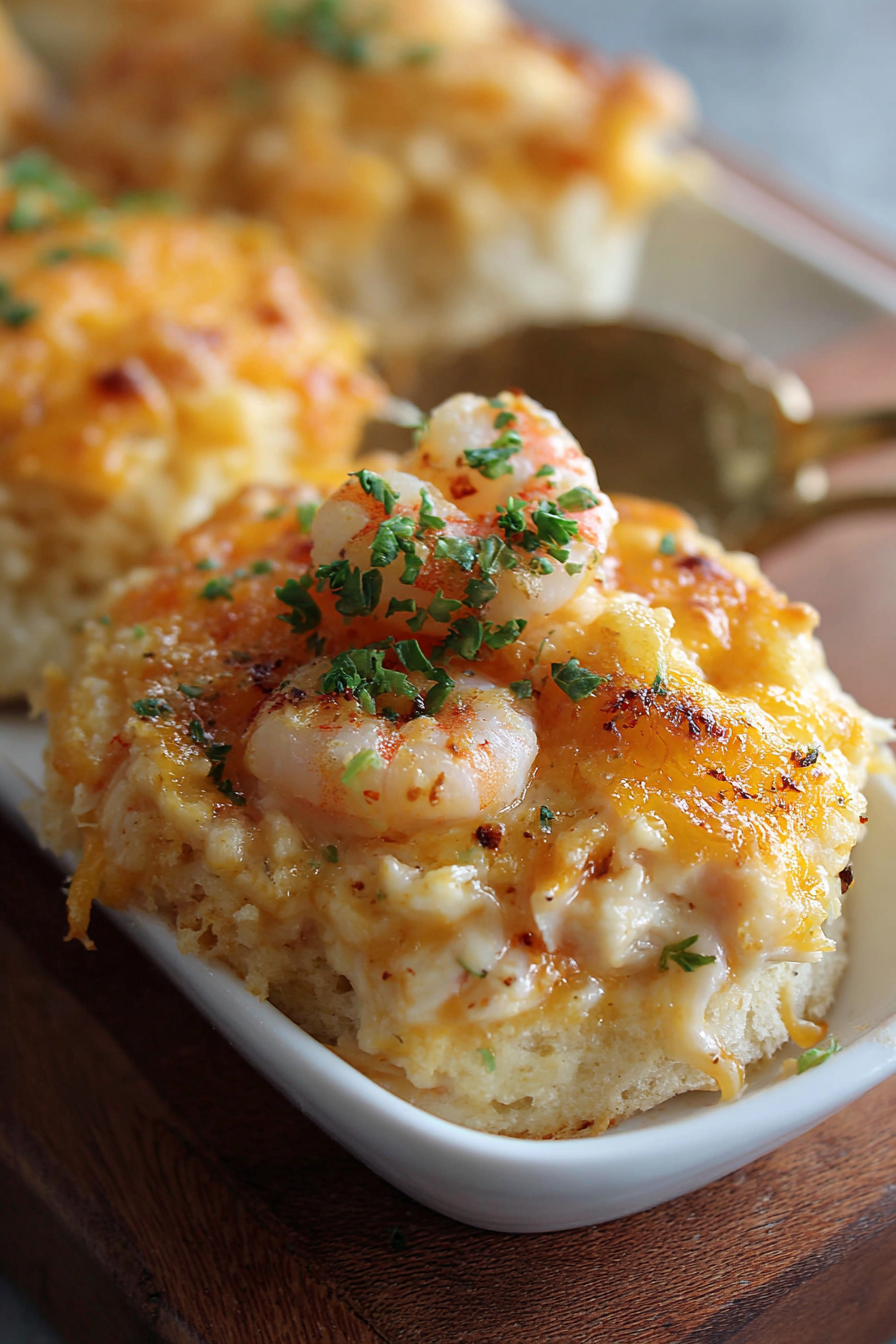 Shrimp crab biscuit melts on a baking sheet
