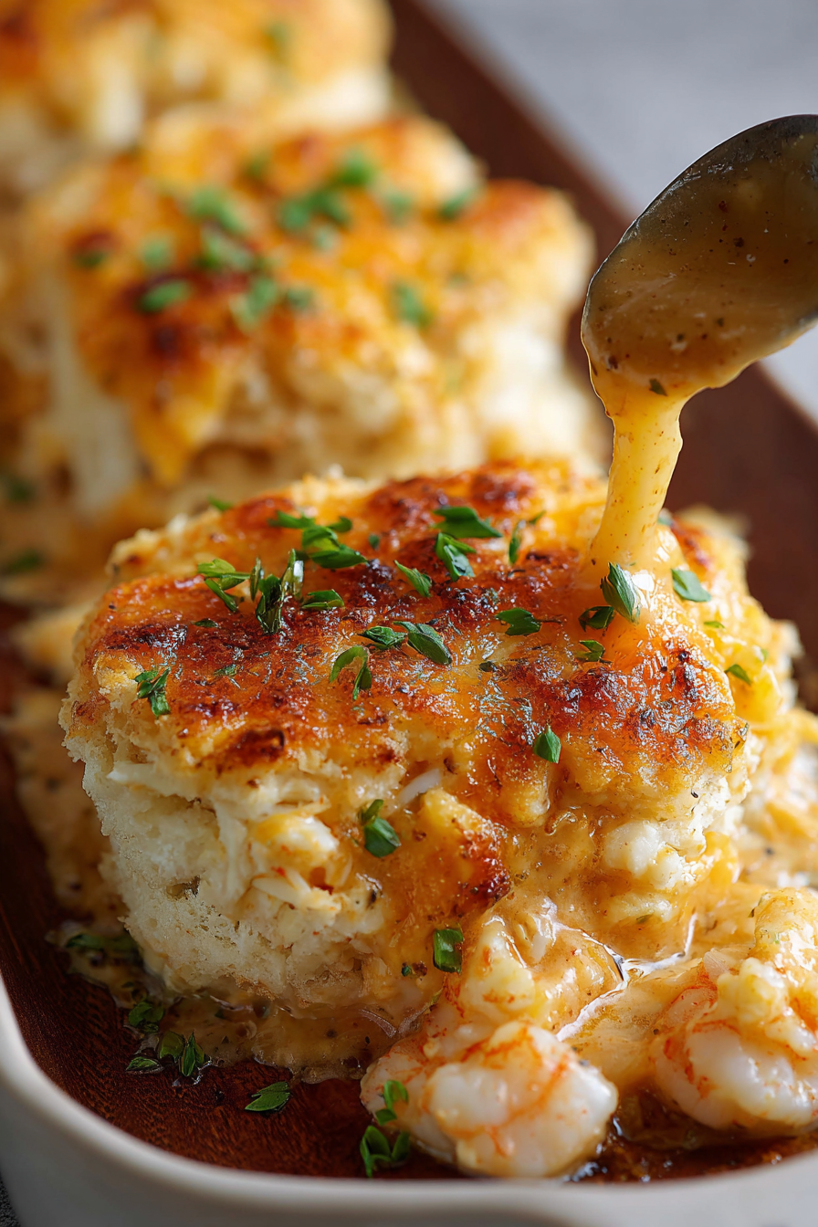 Close up of a biscuit melt filled with seafood
