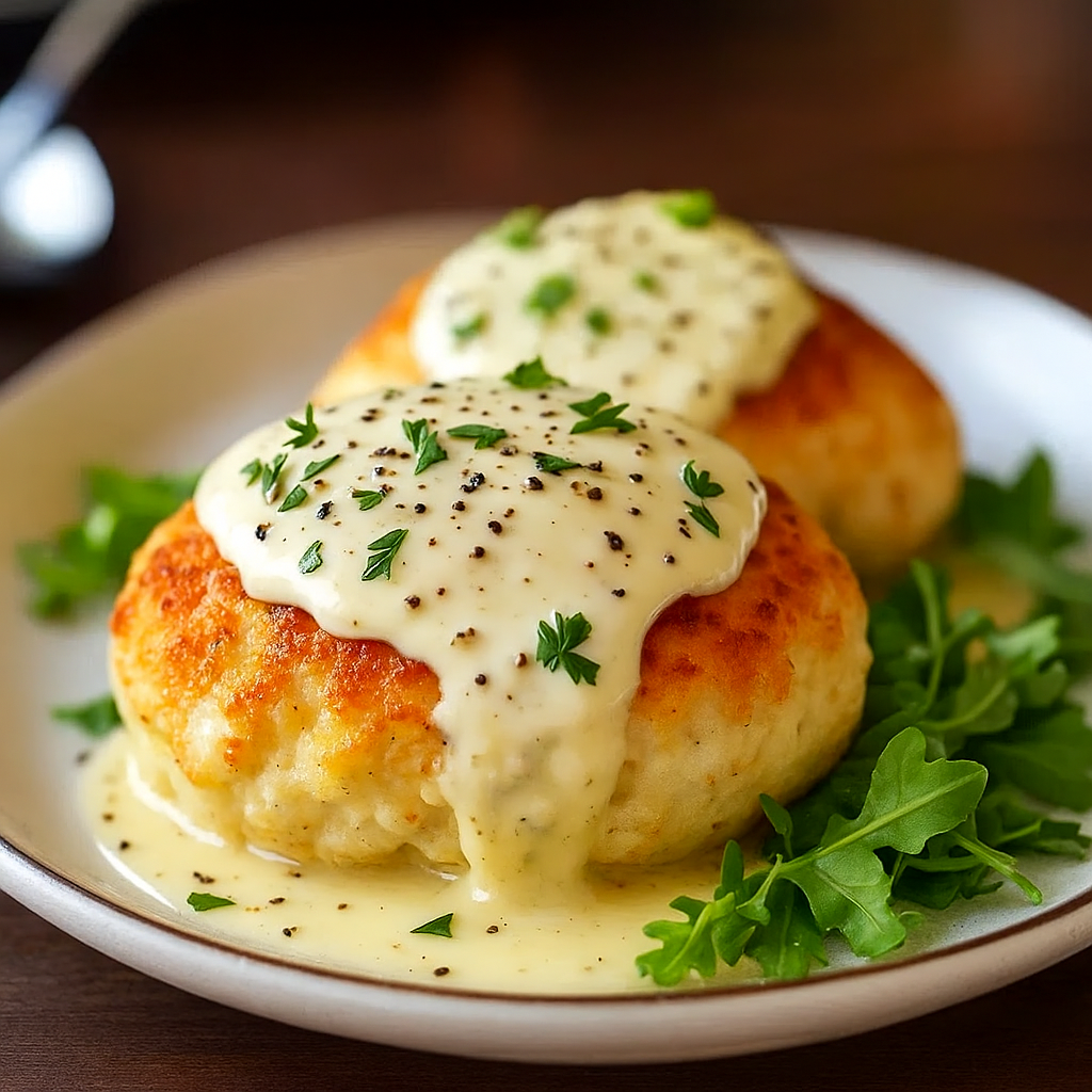 Golden baked chicken pillows on a baking sheet