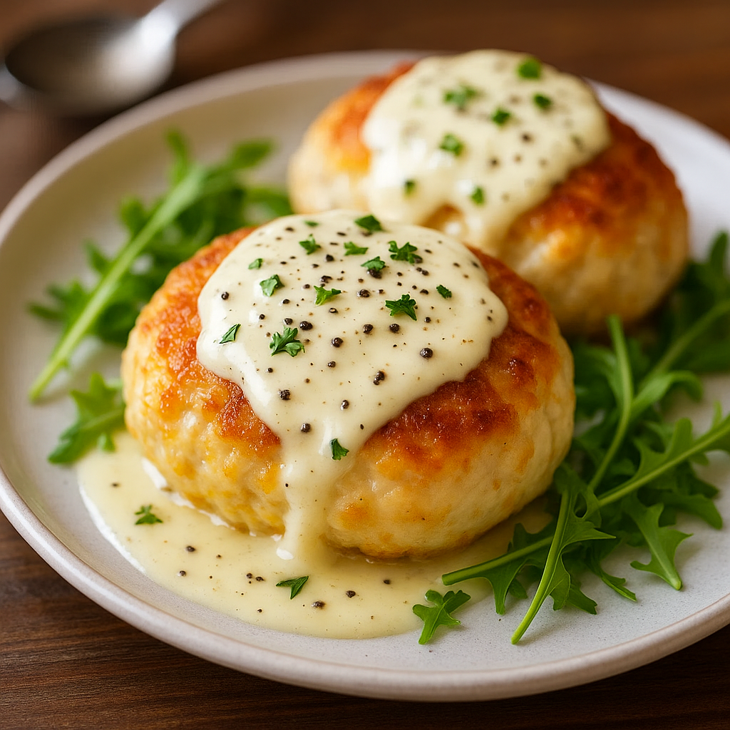 Creamy Parmesan sauce being poured over chicken pillows