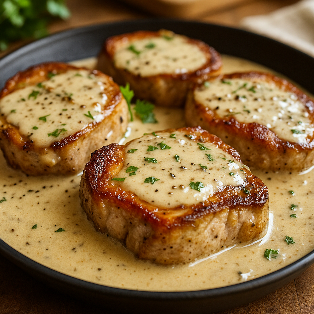 Smothered Boneless Pork Chops in Garlic Sauce
