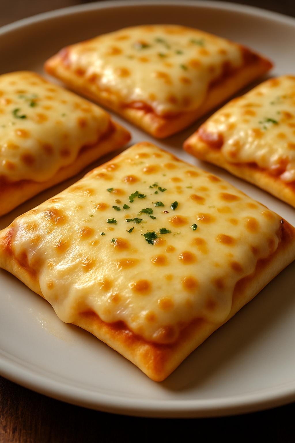 Golden baked pizza pockets on a parchment-lined sheet