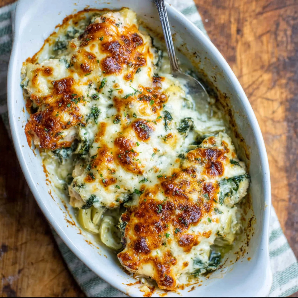 Spinach artichoke chicken fresh from the oven