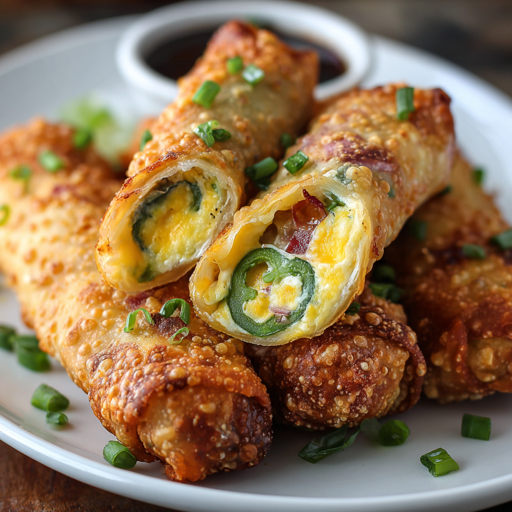 Close-up of cheese-filled jalapeño popper egg roll