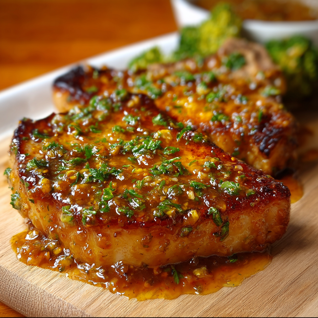 Pork chops glazed with honey mustard sauce in a skillet