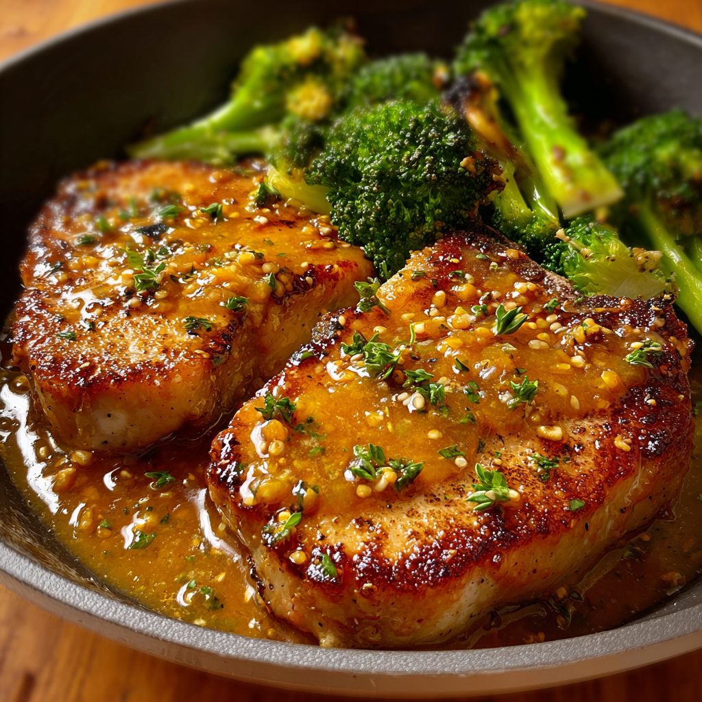 Plated honey mustard pork chops garnished with parsley