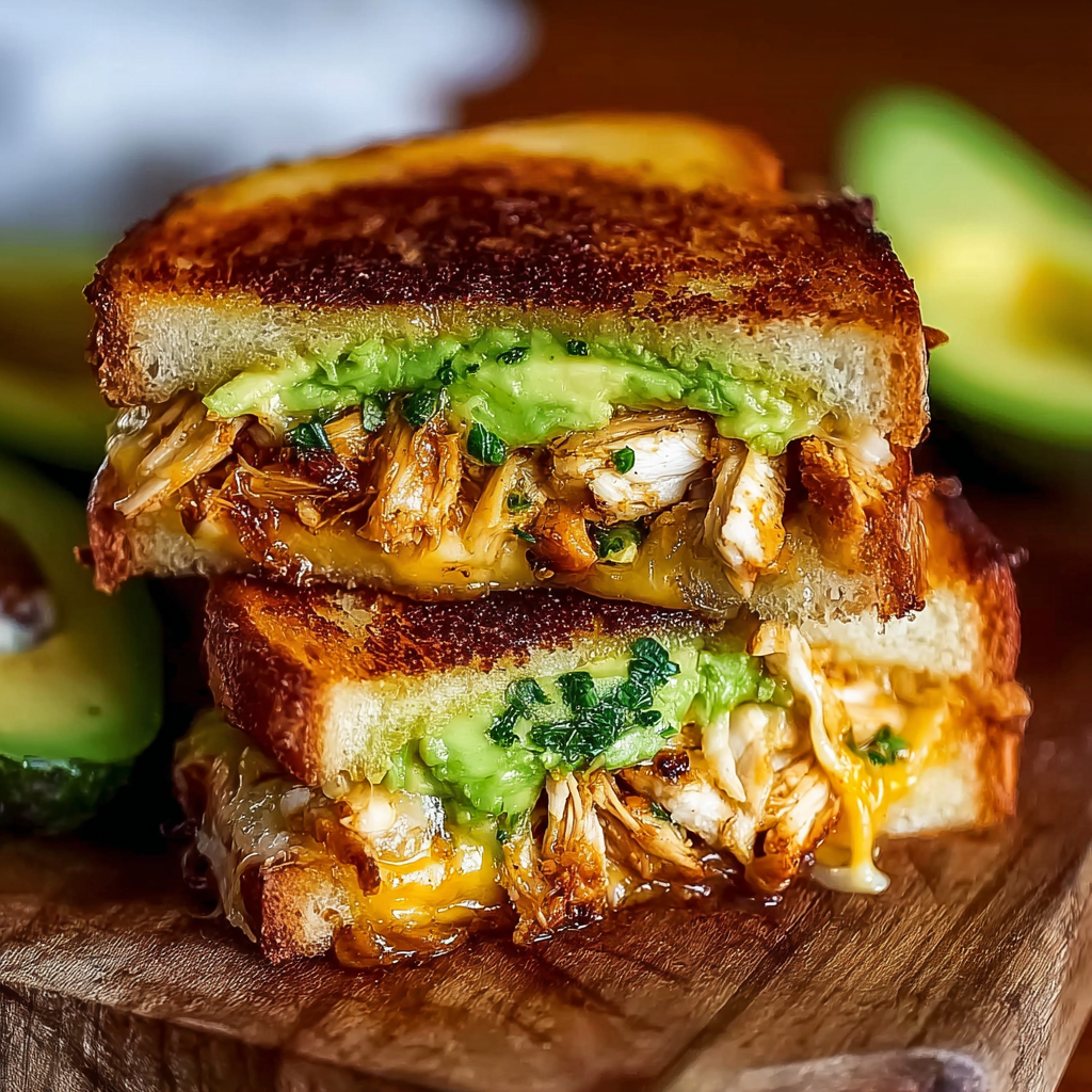 Chicken avocado melt on a skillet, cheese oozing