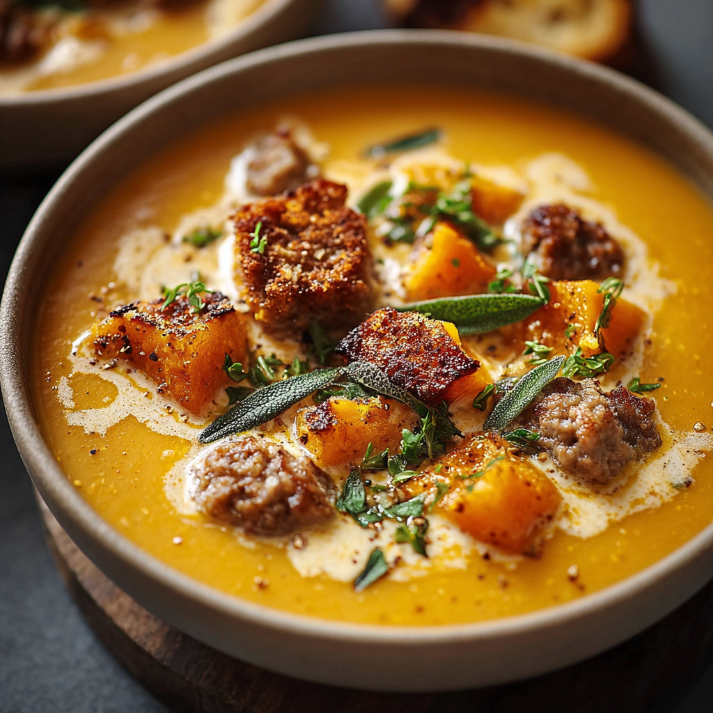 Bowl of creamy sweet potato and sausage soup with garnish