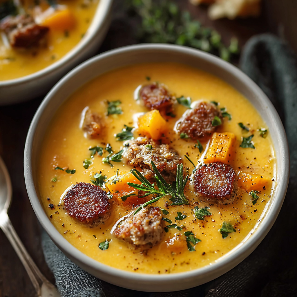 Ingredients laid out for sweet potato and sausage soup