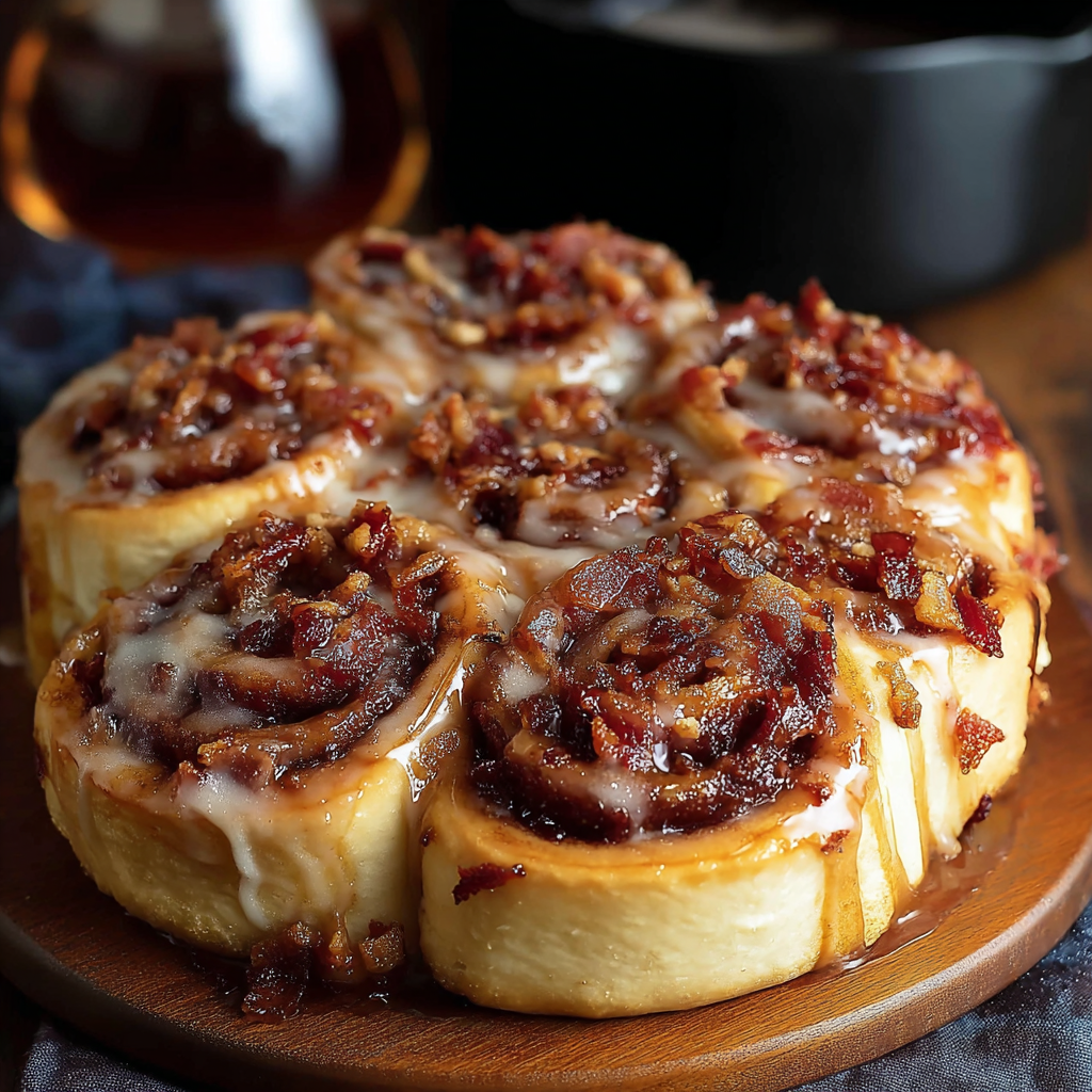 Cinnamon rolls cooling on a rack with candied bacon
