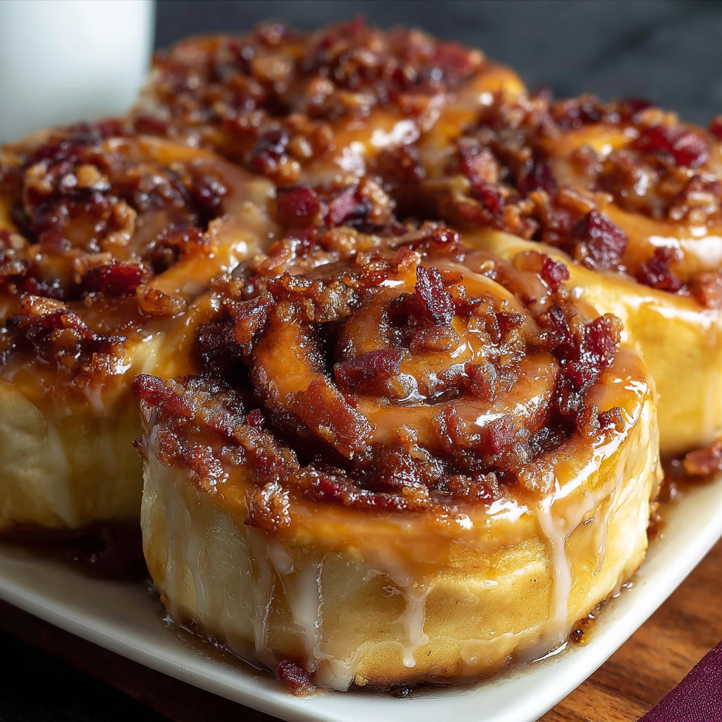 Sliced cinnamon roll with glossy frosting and candied bacon