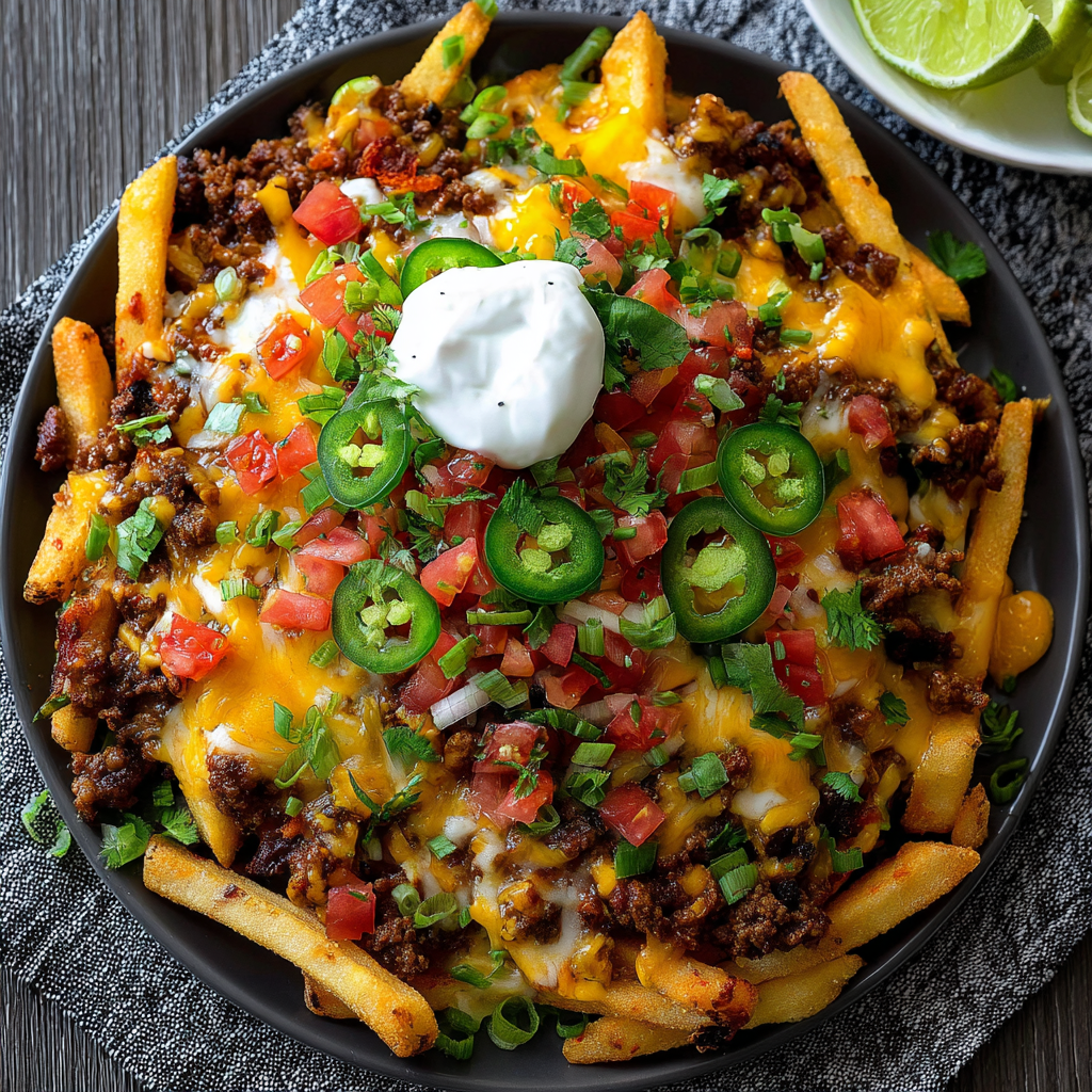 Close-up of nacho fries with toppings and lime wedges