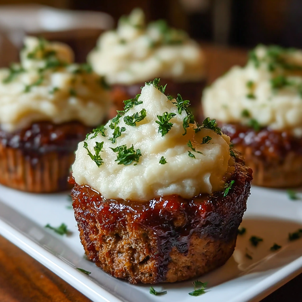 Meatloaf cupcakes baked in muffin tin with potato topping