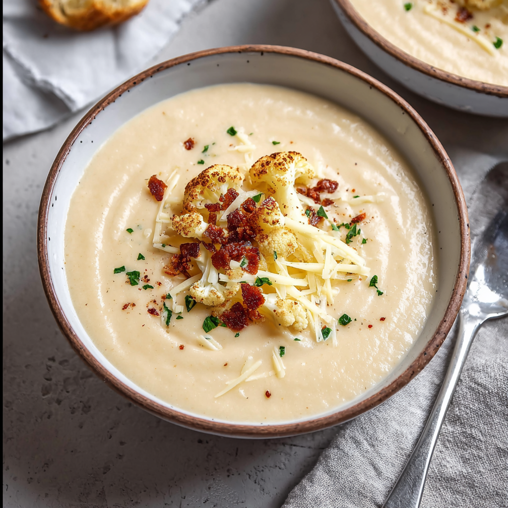 Creamy bowl of cauliflower soup garnished with cheese