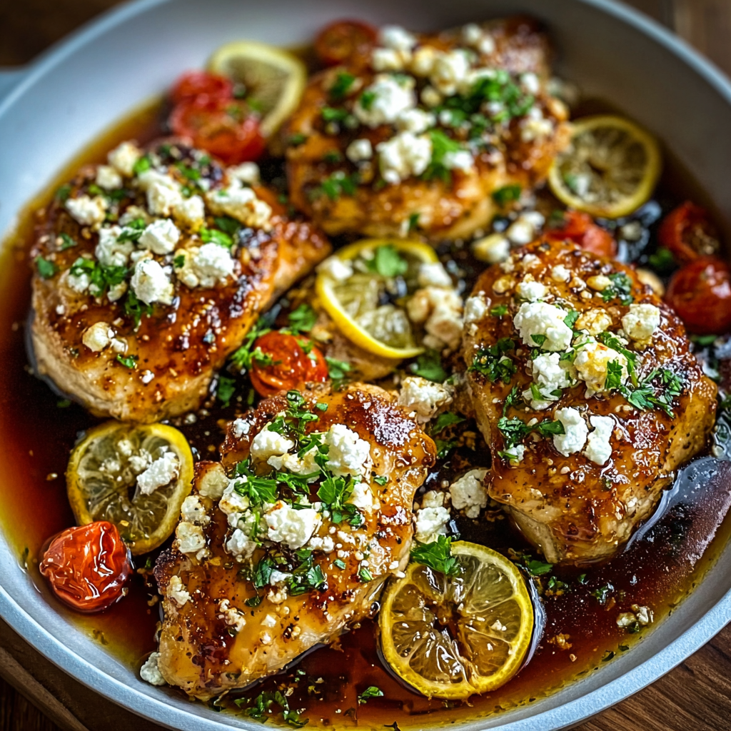 Baked chicken topped with crumbled feta and fresh parsley